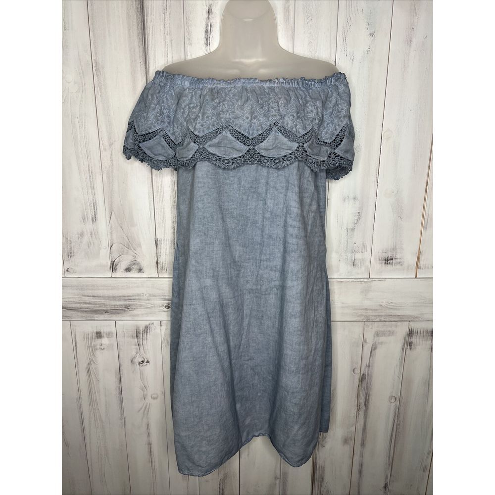 WOMENS KNOX ROSE CHAMBRAY BLUE OFF SHOULDER LINED EMBROIDERED BOHO SHIFT DRESS S